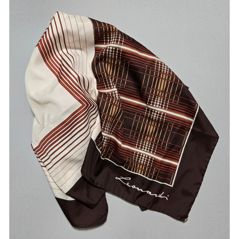 Leonardi Scarf Square Brown Geometric Plaid Print Earth Tones Rolled Hem Vintage